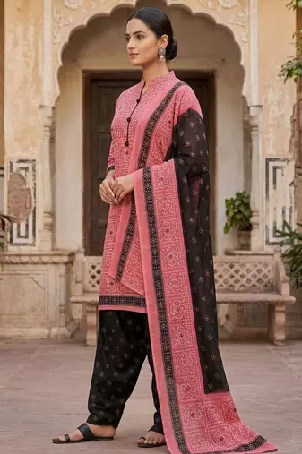 Pink printed cotton blend stitched geometric  print salwar kurta dupatta for women