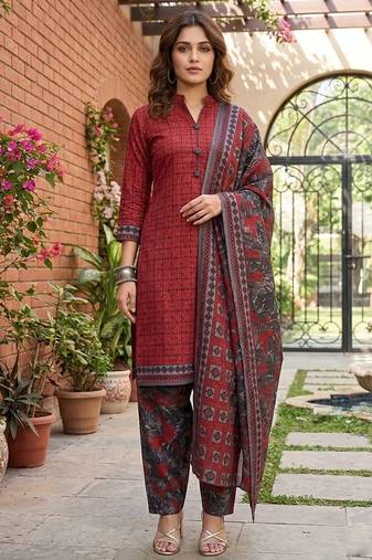 Red printed cotton blend stitched geometric  print salwar kurta dupatta for women