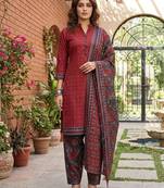Red printed cotton blend stitched geometric  print salwar kurta dupatta for women