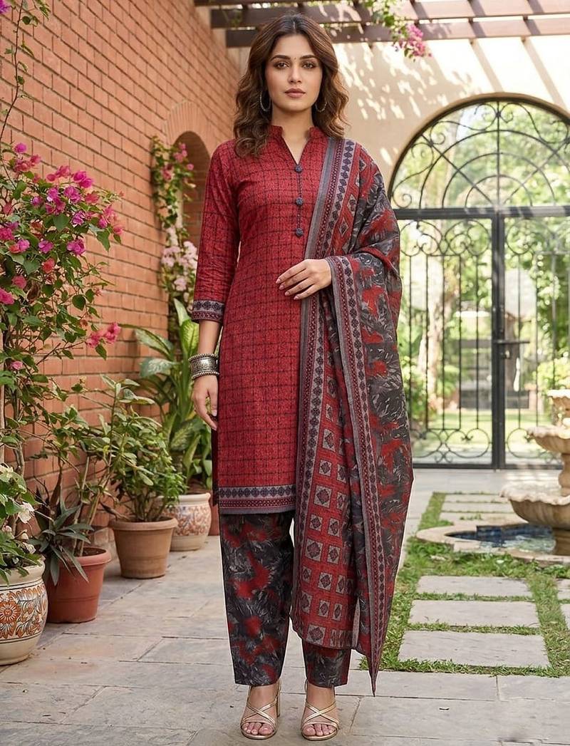 Red printed cotton blend stitched geometric  print salwar kurta dupatta for women
