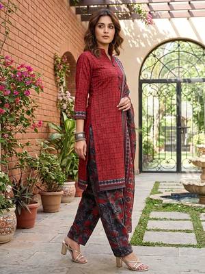 Red printed cotton blend stitched geometric  print salwar kurta dupatta for women 2