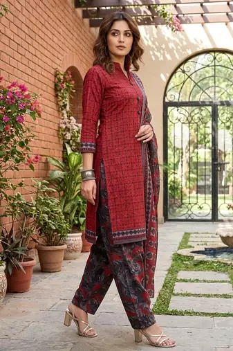 Red printed cotton blend stitched geometric  print salwar kurta dupatta for women