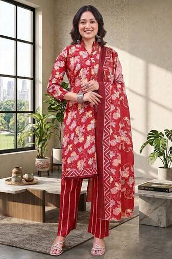 Red printed cotton blend stitched floral  print salwar kurta dupatta for women