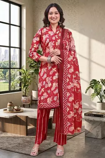 Red printed cotton blend stitched floral  print salwar kurta dupatta for women