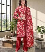 Red printed cotton blend stitched floral  print salwar kurta dupatta for women