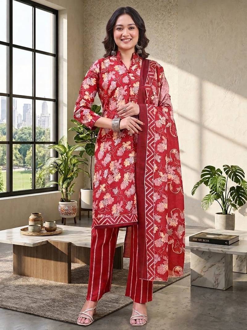 Red printed cotton blend stitched floral  print salwar kurta dupatta for women