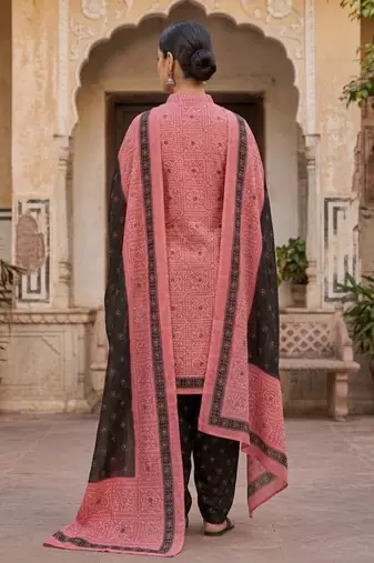 Pink printed cotton blend stitched geometric  print salwar kurta dupatta for women