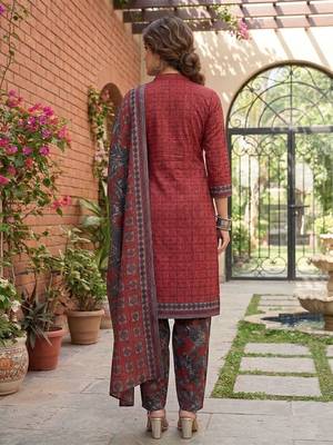 Red printed cotton blend stitched geometric  print salwar kurta dupatta for women 3