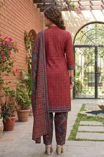 Red printed cotton blend stitched geometric  print salwar kurta dupatta for women