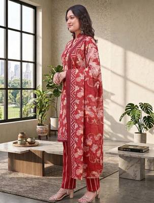 Red printed cotton blend stitched floral  print salwar kurta dupatta for women 2
