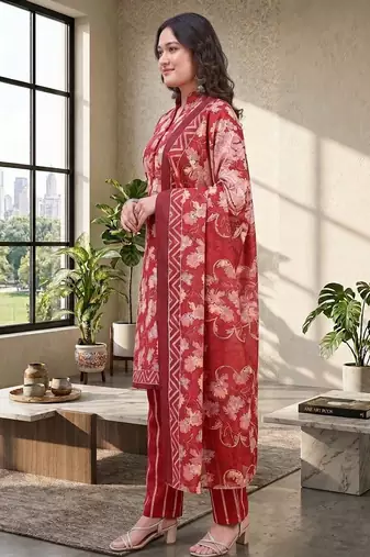Red printed cotton blend stitched floral  print salwar kurta dupatta for women
