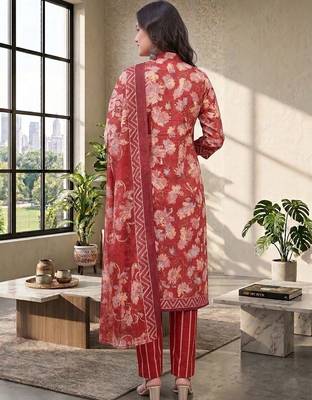Red printed cotton blend stitched floral  print salwar kurta dupatta for women 3