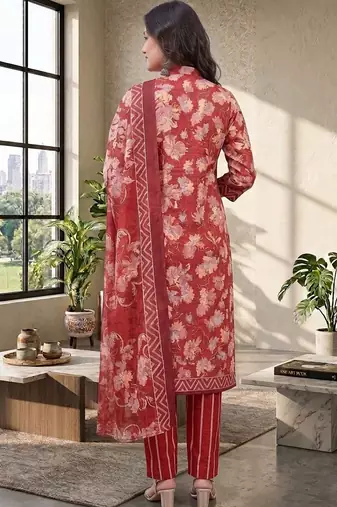 Red printed cotton blend stitched floral  print salwar kurta dupatta for women