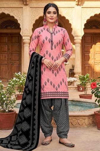 Pink printed cotton blend stitched geometric  print salwar kurta dupatta for women