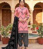 Pink printed cotton blend stitched geometric  print salwar kurta dupatta for women