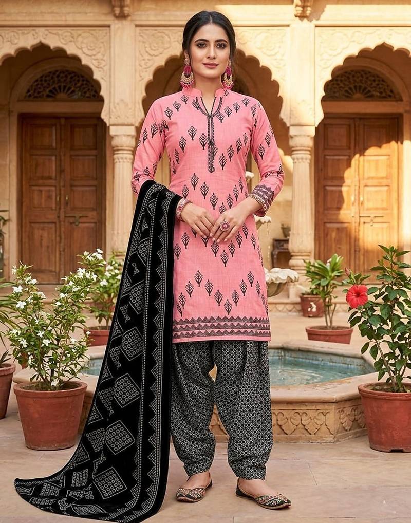 Pink printed cotton blend stitched geometric  print salwar kurta dupatta for women