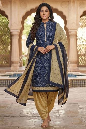 Blue printed cotton blend stitched geometric  print salwar kurta dupatta for women