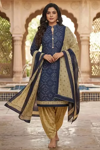 Blue printed cotton blend stitched geometric  print salwar kurta dupatta for women