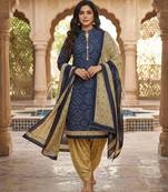 Blue printed cotton blend stitched geometric  print salwar kurta dupatta for women