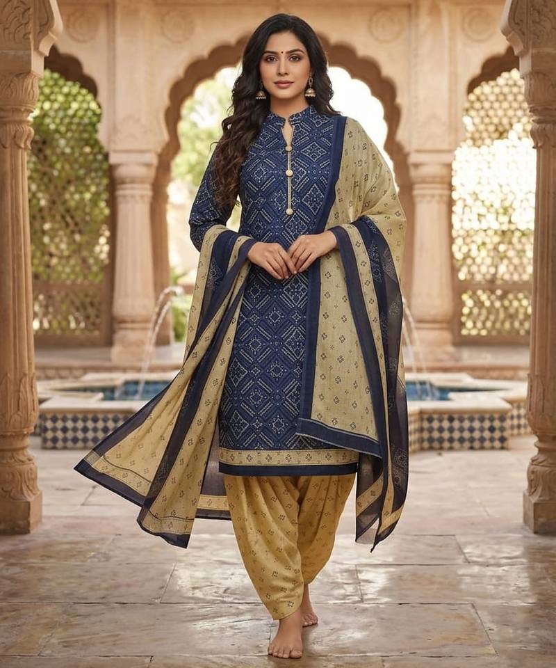 Blue printed cotton blend stitched geometric  print salwar kurta dupatta for women