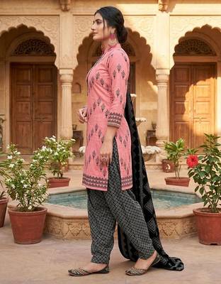 Pink printed cotton blend stitched geometric  print salwar kurta dupatta for women 2