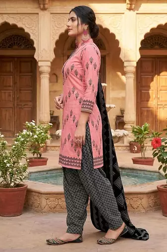Pink printed cotton blend stitched geometric  print salwar kurta dupatta for women