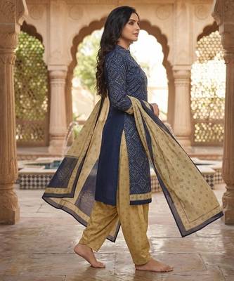 Blue printed cotton blend stitched geometric  print salwar kurta dupatta for women 2
