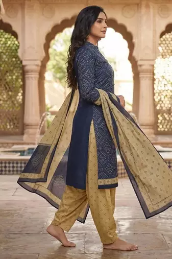 Blue printed cotton blend stitched geometric  print salwar kurta dupatta for women