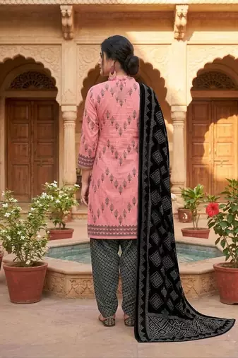 Pink printed cotton blend stitched geometric  print salwar kurta dupatta for women