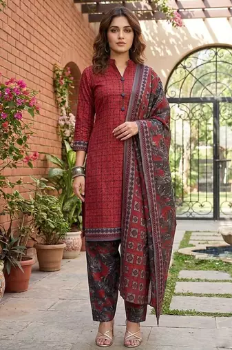 Red printed cotton blend stitched geometric  print salwar kurta dupatta for women