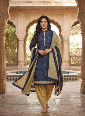 Blue printed cotton blend stitched geometric  print salwar kurta dupatta for women 3