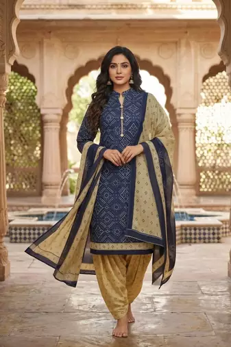Blue printed cotton blend stitched geometric  print salwar kurta dupatta for women