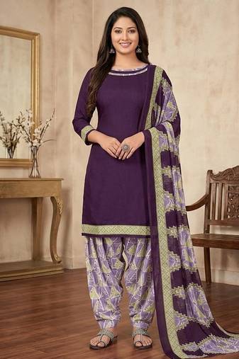 Purple printed cotton blend stitched geometric  print salwar kurta dupatta for women