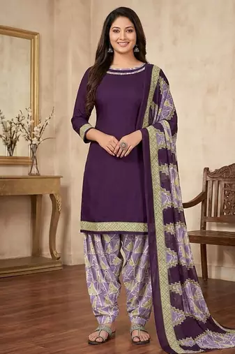 Purple printed cotton blend stitched geometric  print salwar kurta dupatta for women