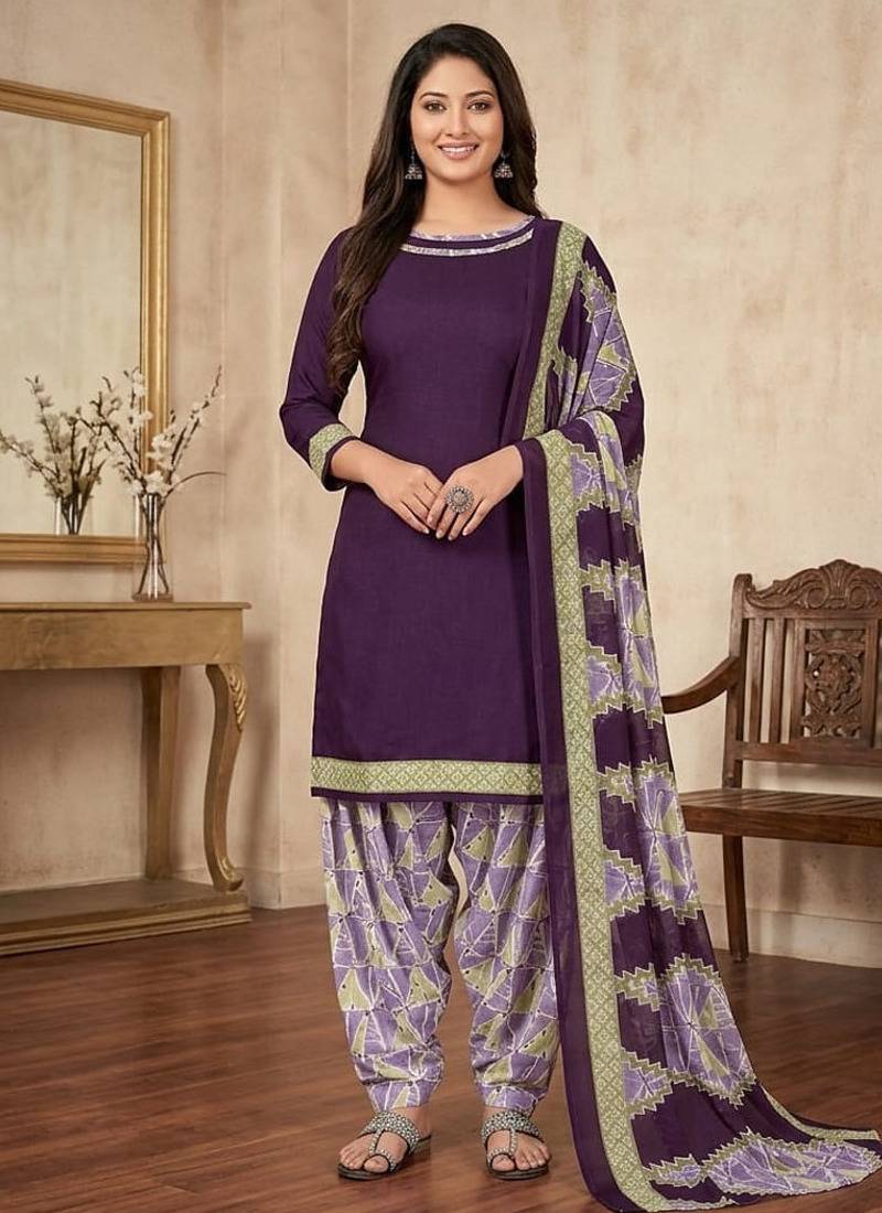 Purple printed cotton blend stitched geometric  print salwar kurta dupatta for women