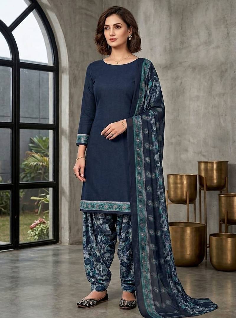 Blue printed cotton blend stitched floral  print salwar kurta dupatta for women