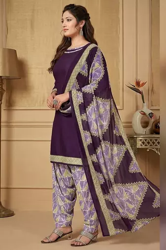 Purple printed cotton blend stitched geometric  print salwar kurta dupatta for women