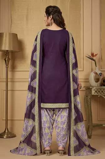 Purple printed cotton blend stitched geometric  print salwar kurta dupatta for women