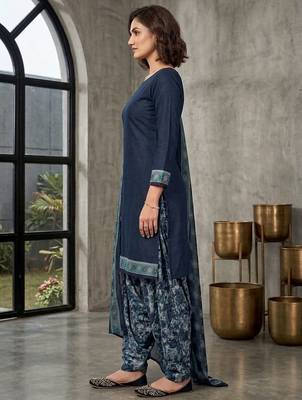 Blue printed cotton blend stitched floral  print salwar kurta dupatta for women 2