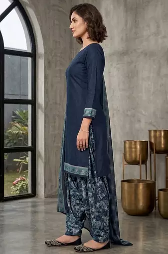 Blue printed cotton blend stitched floral  print salwar kurta dupatta for women