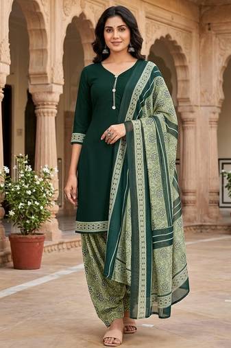 Green printed cotton blend stitched floral  print salwar kurta dupatta for women