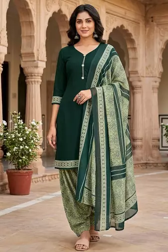 Green printed cotton blend stitched floral  print salwar kurta dupatta for women