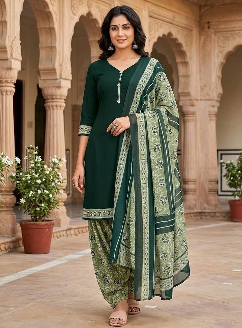 Green printed cotton blend stitched floral  print salwar kurta dupatta for women
