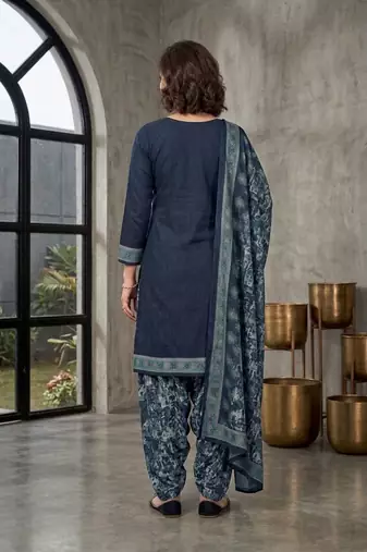 Blue printed cotton blend stitched floral  print salwar kurta dupatta for women
