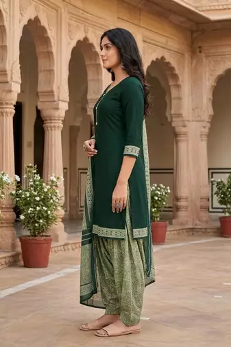 Green printed cotton blend stitched floral  print salwar kurta dupatta for women
