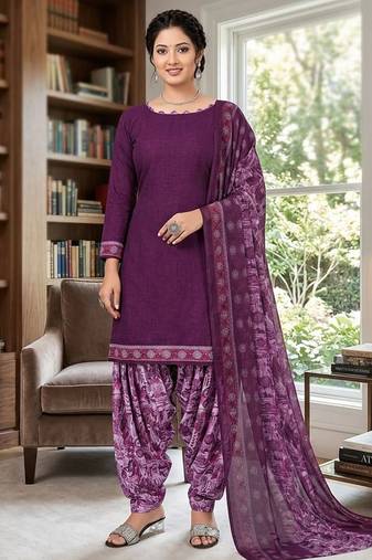 Purple printed cotton blend stitched floral  print salwar kurta dupatta for women