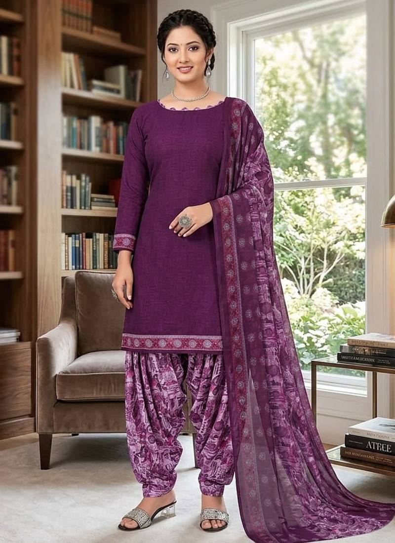 Purple printed cotton blend stitched floral  print salwar kurta dupatta for women