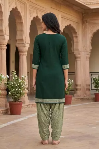 Green printed cotton blend stitched floral  print salwar kurta dupatta for women