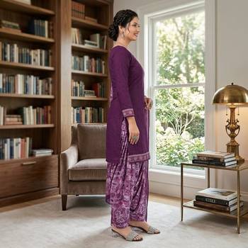 Purple printed cotton blend stitched floral  print salwar kurta dupatta for women 2