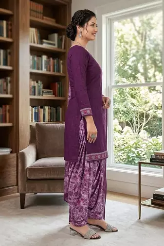 Purple printed cotton blend stitched floral  print salwar kurta dupatta for women